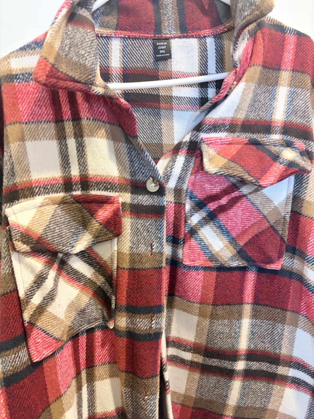 NWOT SHEIN Plaid Shacket in Burgundy, Brown & Cream - Picture 9 of 11